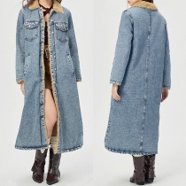 Fashion Stand Collar Long Sleeve Warm Plush Lined Old-washed Denim Longline Jacket