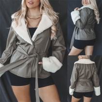 Fashion Notch Lapel Long Sleeve Self-tie Warm Plush Lined Artificial Leather PU Jacket