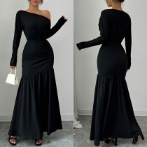 Fashion Slant Shoulder Long Sleeve High-rise Ruffle Hemline Maxi Dress