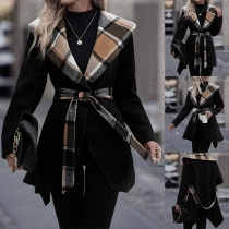 Fashion Contrast Color Plaid Lapel Long Sleeve Self-tie Duffle Jacket