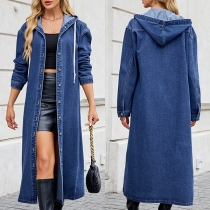 Fashion Drawstring Hooded Long Sleeve Front Button Longline Old-washed Denim Jacket