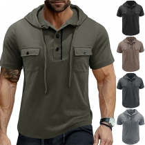 Casual Solid Color Drawstring Hooded Short Sleeve Chest Patch Pockets Shirt for Men