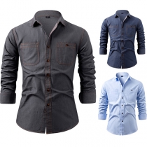 Fashion Stand Collar Long Sleeve Chest Patch Pockets Front Button Blouse for Men