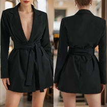 Fashion Notch Lapel Long Sleeve Self-tie Blazer