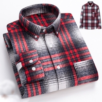 Fashion Plaid Stand Collar Long Sleeve Chest Pocket Blouse for Men