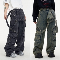Street Fashion Side Patch Pockets Old-washed Denim Suspender Jumpsuit for Men