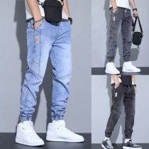 Fashion Drawstring Waist Old-washed Denim Jeans for Men