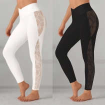 Fashion Lace Spliced High-rise Elastic Leggings for Yoga and Workout