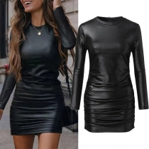 Fashion Crew Neck Long Sleeve Ruched Artificial Leather PU Bodycon Dress