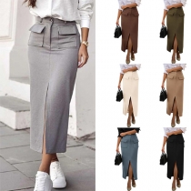 Fashion High-rise Patch Pockets Front Slit Skirt