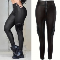 Street Fashion Front Zipper High-rise Side Patch Pockets Artificial Leather PU Skinny Pants