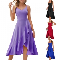 Fashion V-neck High-rise Ruffle Irregular Hemline Slip Dress