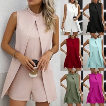 Fashion Mock Neck Sleeveless Front Slit Romper