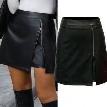 Fashion Zipper Slit High-rise Artificial Leather PU Skirt