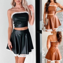 Street Fashion Artificial Leather PU Spliced Lace Two-piece Set Consist of Strapless Bandeau and Mini Skirt