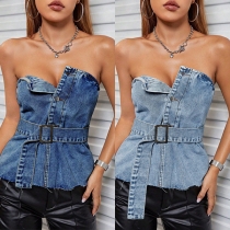 Sexy Strapless Front Button Old-washed Denim Shirt with Belt