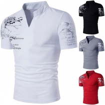 Fashion Letter Floral Printed V-neck Short Sleeve Shirt for Men