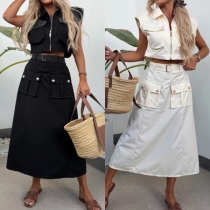 Elegant Two-piece Set Consist of Crop Top and Skirt with Patch Pockets
