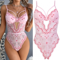 Sexy Floral Embroidery Front Cut Out Lace Lingerie Bodysuit