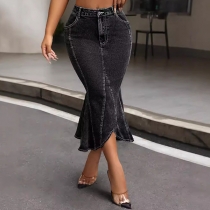 Fashion High-rise Fishtail Old-washed Denim Skirt
