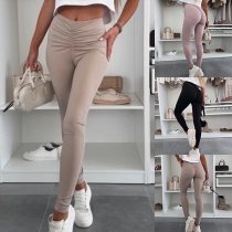 Fashion Solid Color Ruched High-rise Skinny Pants for Workout
