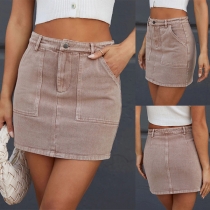 Fashion High-rise Side Patch Pockets Denim Skirt
