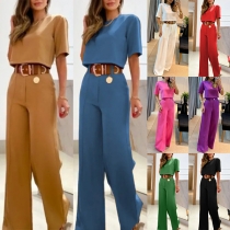 Elegant Two-piece Set Consist of Crop Shirt and Straight-cut Pants (without Belt)