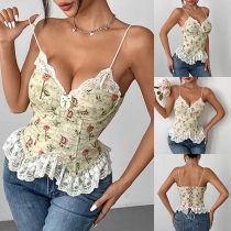 Vintage Floral Printed Lace Spliced V-neck Ruffle Hemline Back Lace-up Cami Shirt