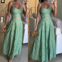 Fashion Floral Hollow Out Two-piece Set Consist of Crop Top and Maxi Skirt
