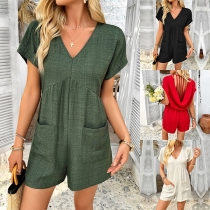 Bohemia Style V-neck Short Sleeve Draped Backless Strappy Romper
