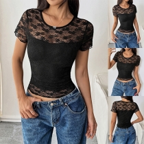 Fashion Crew Neck Short Sleeve Lace Shirt
