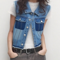 Fashion Stand Collar Sleeveless Patch Pocket Front Button Old-washed Denim Vest
