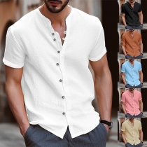 Fashion Solid Color Front Button Short Sleeve Cotton and Linen Shirt for Men