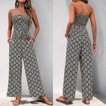 Bohemian Style Floral Printed Strapless Side Pockets Self-tie Straight-cut Jumpsuit