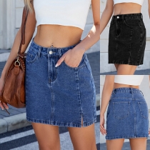 Fashion High-rise Side Slit Old-washed Denim Skirt