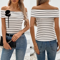 Fashion Stripe Printed Floral Decoration Off-the-shoulder Shirt