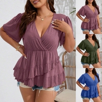 Fashion V-neck Short Sleeve Ruffle Hemline Shirt