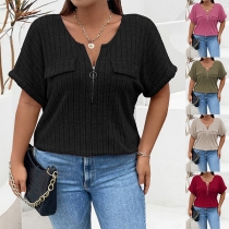 Fashion Half-zipper Crew Neck Short Sleeve Ribbed Shirt