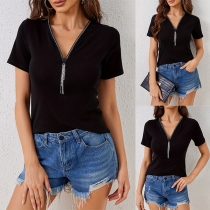 Fashion Half-zipper V-neck Short Sleeve Shirt