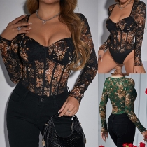Fashion Floral Embroidered Sweetheart Neckline Corset Long Sleeve Bodysuit