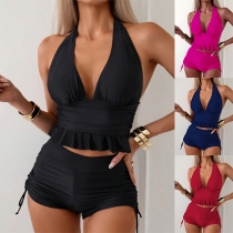 Fashion Two-piece Bikini Set Consist of Halterneck Ruffle Swimming Top and Side Drawstring Swimming Bottom