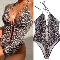 Fashion Leopard Print Halter Neck O-ring Monokini