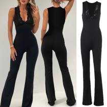 Sexy Lace Spliced V-neck Sleeveless Flare Jumpsuit