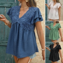 Fashion Floral Lace Spliced V-neck Ruffle Short Sleeve Swiss-dot Shirt