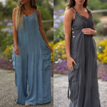 Casual V-neck Self-tie Shoulder Strap Side Patch Pockets Loose Jumpsuit