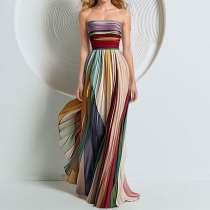Vintage Colorful Stripe Strapless Pleated Maxi Dress