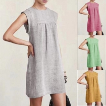 Casual Solid Color Crew Neck Sleeveless Cotton and Linen Mini Dress