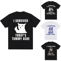 Fashion I Survived-Letter Cat Printed Crew Neck Shirt