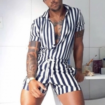 Fashion Vertical Stripe Printed Stand Collar Short Sleeve Romper for Men