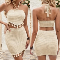 Fashion Tassel Two-piece Set Consist of Halterneck Crop Top and Mini Skirt